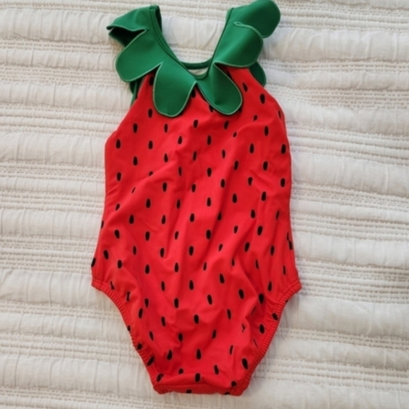 Hanna Andersson Strawberry One Piece Swimsuit Swim 90 Or 3t Green and Red - Picture 4 of 6